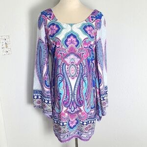 Pink Owl Colorful Paisley Print Mini-Dress with Bell Sleeves, Size Medium